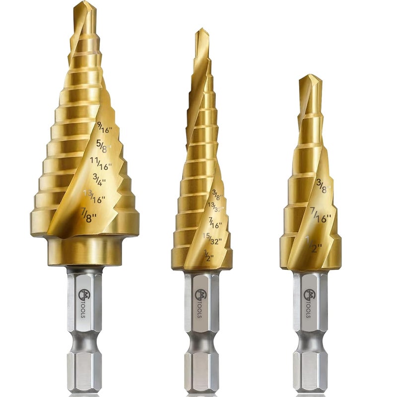 GMTOOLS Step Drill Bit Set, 3 Pcs Titanium High Speed Steel Unibit Drill Bits, Stepped Up Bits for Sheet Metal, DIY Lovers with Aluminum Case, Total 28 Sizes for Multiple Hole - Image 1